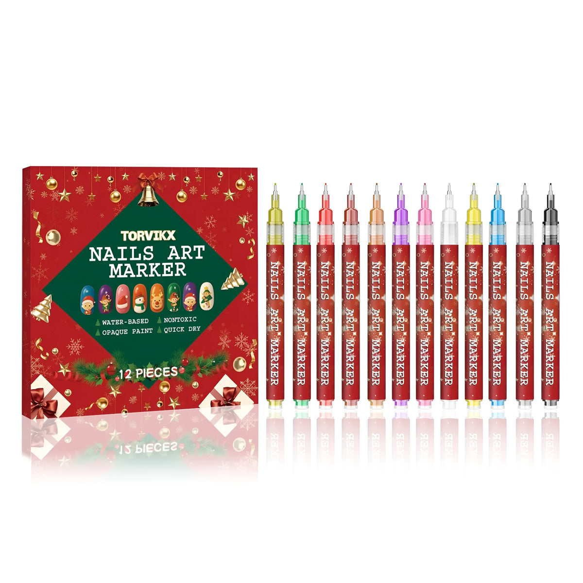 Twelve Christmas manicure graffiti pens with caps in assorted colours on a white background