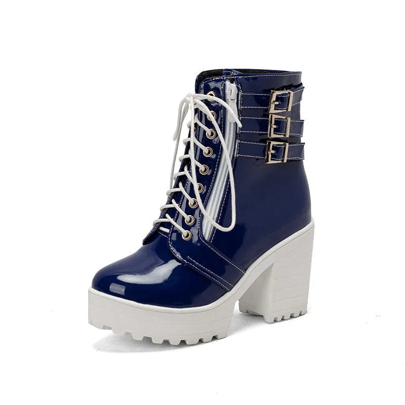 Women's black casual lace-up ankle boots with a chunky heel and thick rubber sole.