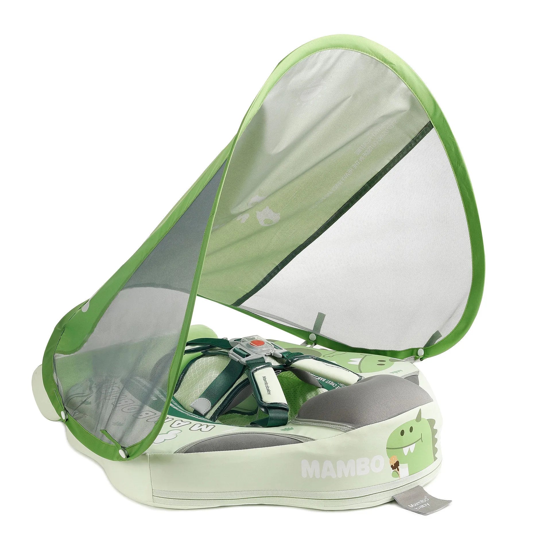 Dinosaur pattern baby inflatable swimming ring with integrated sun shade in green colour