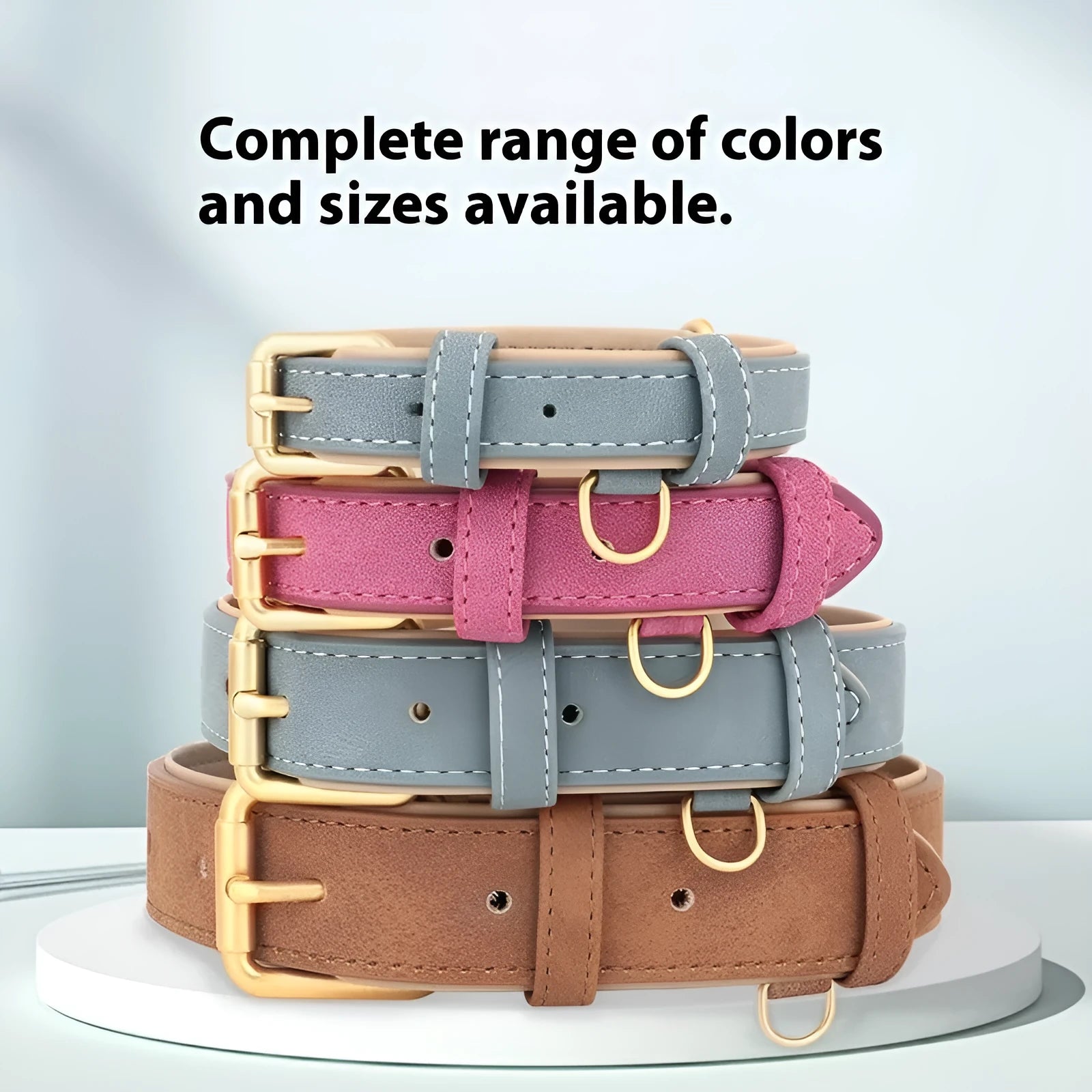 Double-layer leather dog collar and matching traction rope in rose red, brown, or blue.