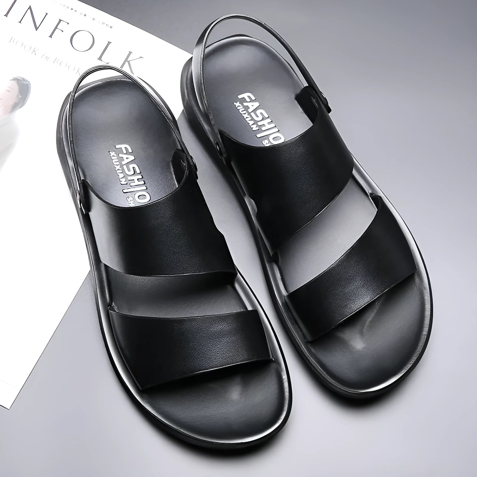 Men's casual beach sandals with cow split leather upper, open toe, and slingback strap in brown colour
