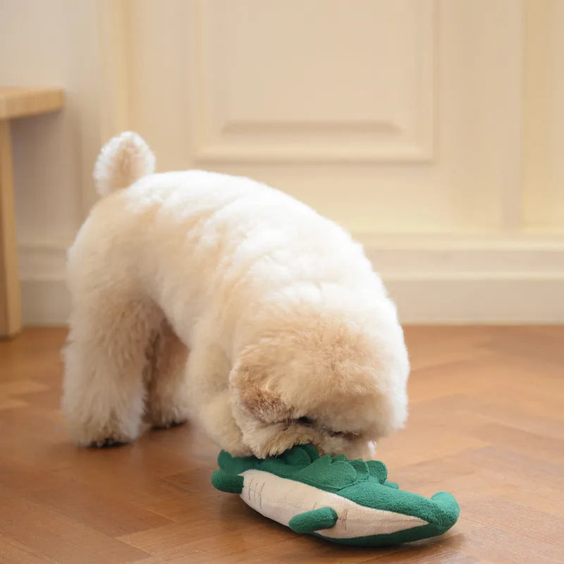 Green plush interactive toy dog measuring 35cm in length for pet play