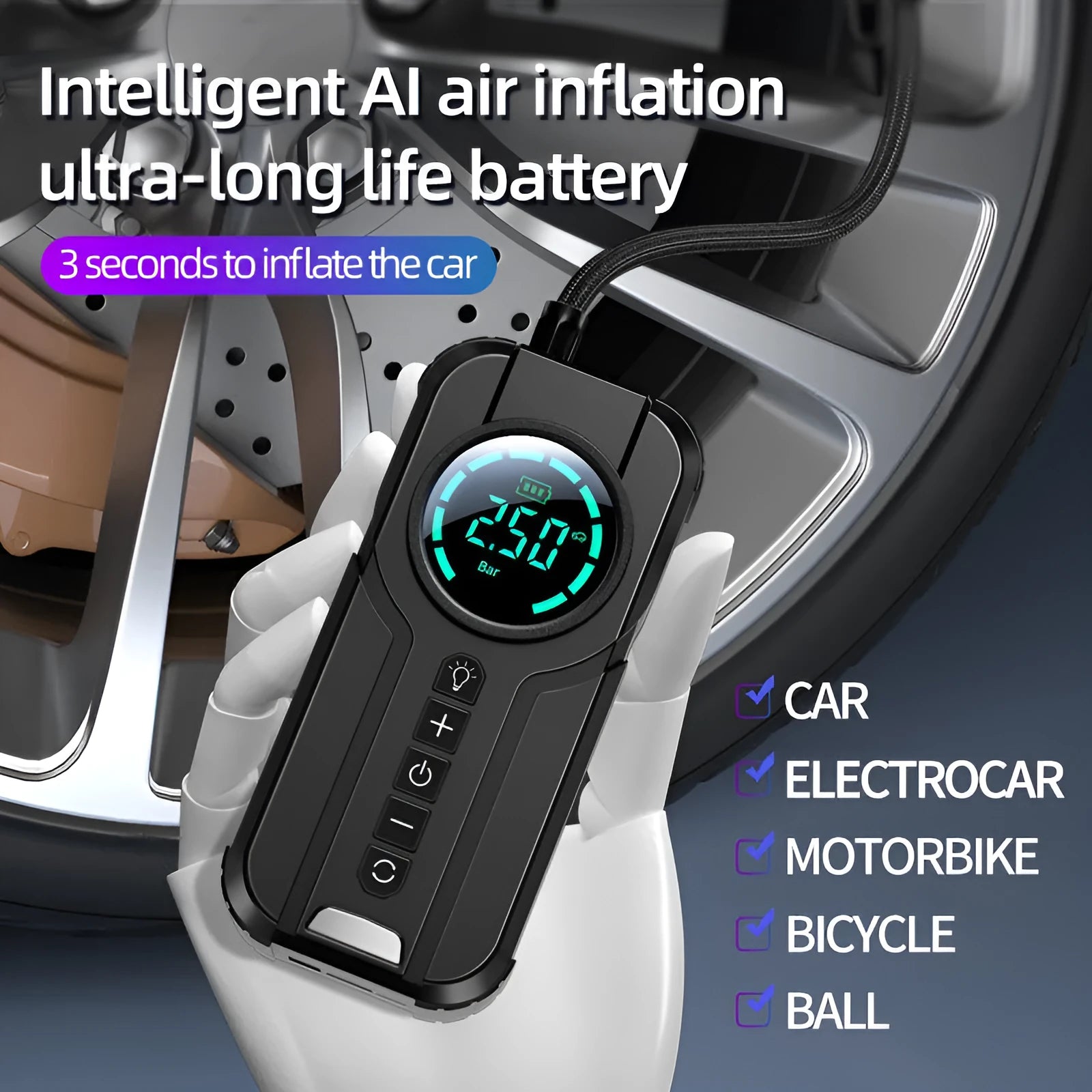 Portable black car tyre inflator pump with digital display, battery, and a set of inflation nozzles on a grey background.