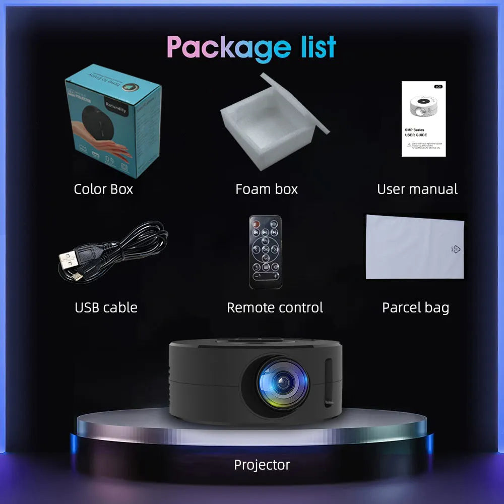 YT200 black mini LCD home projector with compact design and wireless mirroring feature
