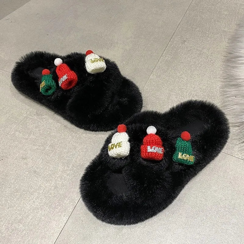 Women's Christmas hat slippers in faux plush, shown in black, khaki, and white colour options.