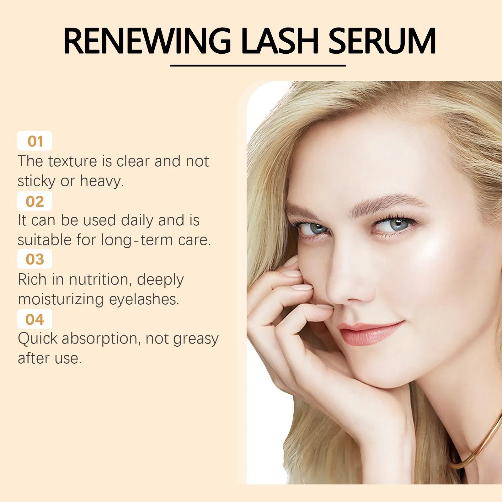 3 ml dropper bottle of clear eyelash growth serum with biotin and peptide formula.