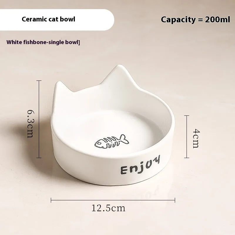 Porcelain cat food and water bowl set with wooden anti-tumble frame in various colours