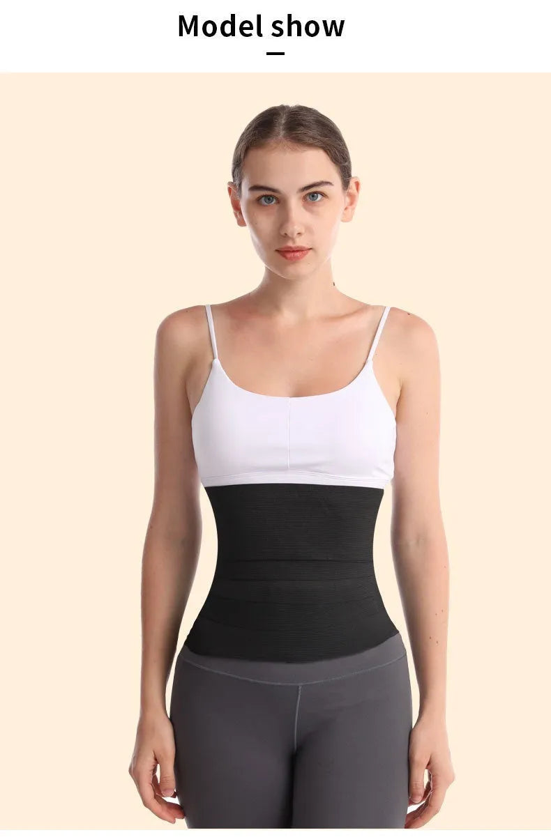 Women's black waist trainer exercise restraint belt showing its 10cm width and long length.