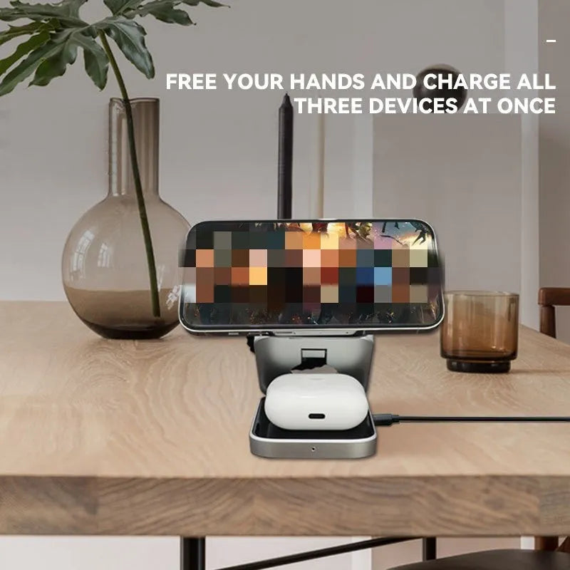Folding three-in-one wireless charging bracket with magnetic ring on desktop