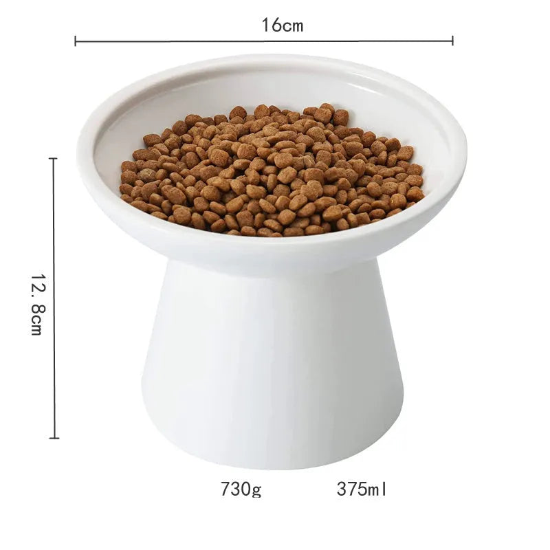 Ceramic elevated cat bowl in blue with wide shallow design for whisker fatigue relief