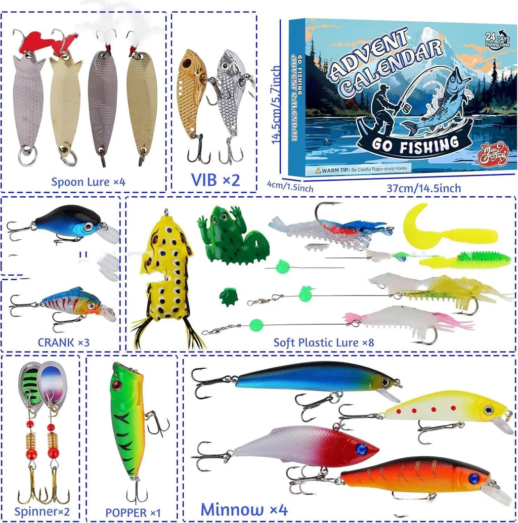 Christmas advent calendar fishing gear set in a box measuring 14 by 9 by 1.5 inches