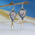 Retro blue geometric drop earrings with synthetic opal and pearl on metal setting