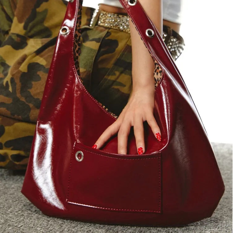 Red leopard print women's shoulder bag with two-sided capacity and dumpling shape design