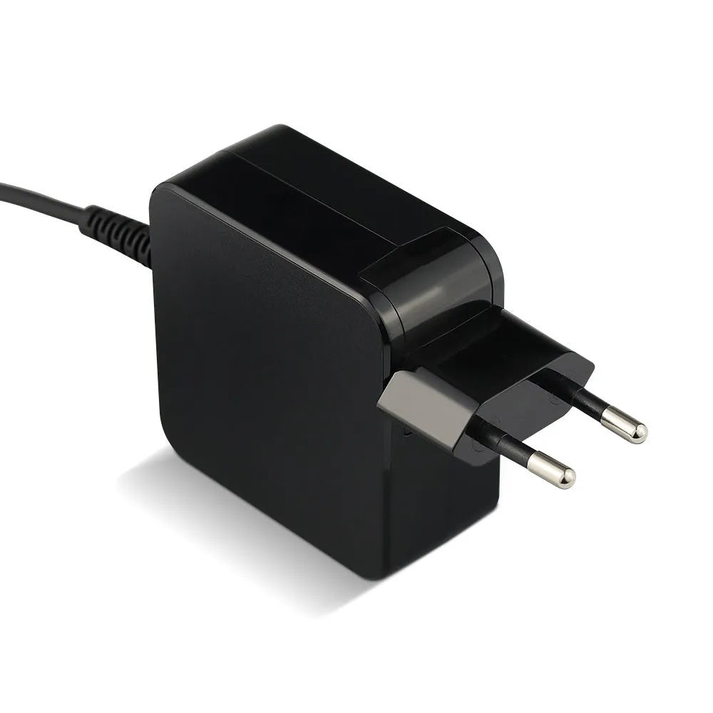 Black 45W laptop adapter with American standard DC connector showing compact dimensions