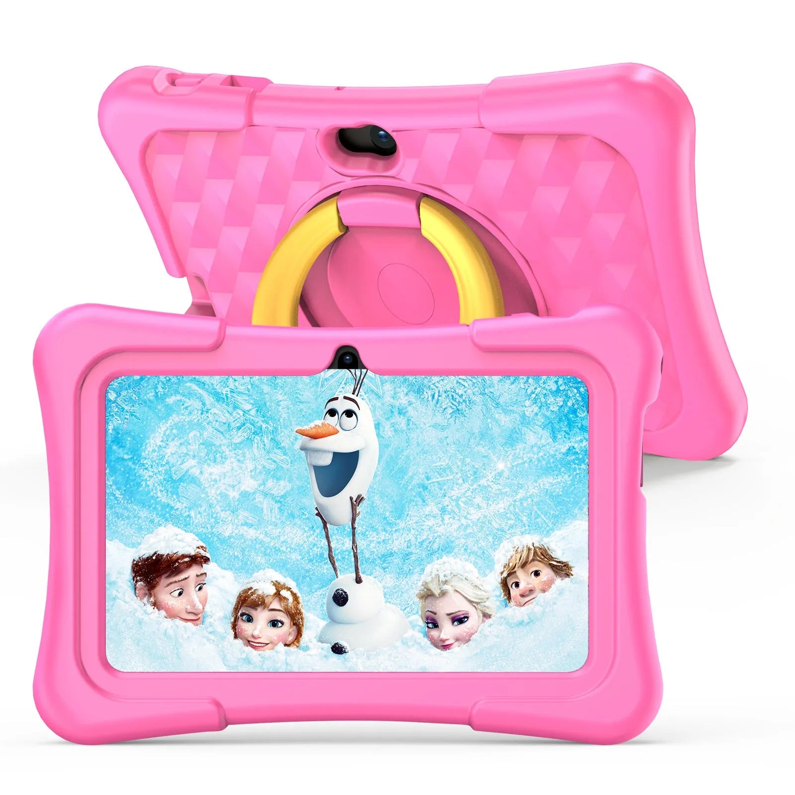 A blue children's educational tablet with a silicone cover and a black rotating handle bracket, showing a 7-inch screen.