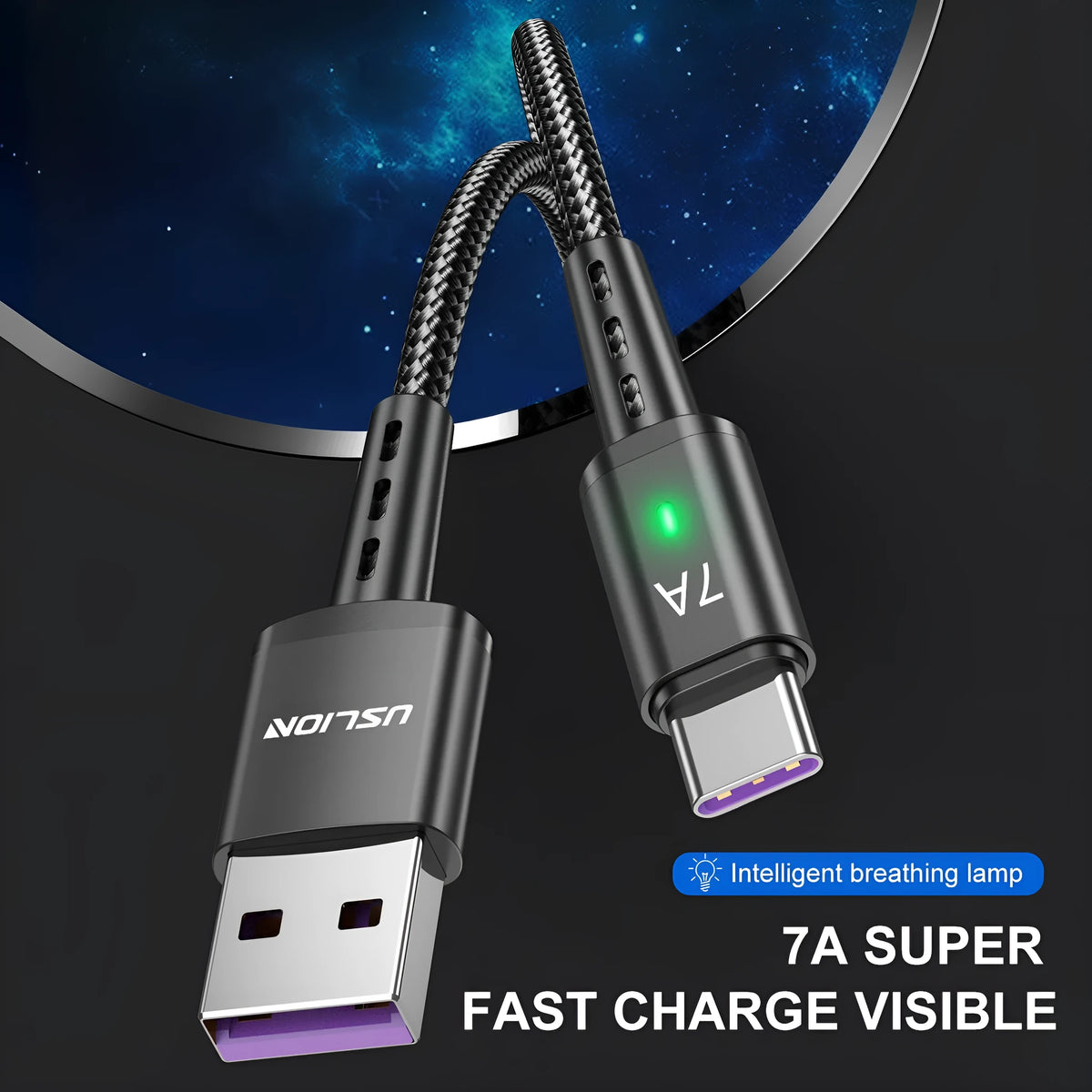 7A Android braided Type-C charging cable with indicator light in black, 1 metre length
