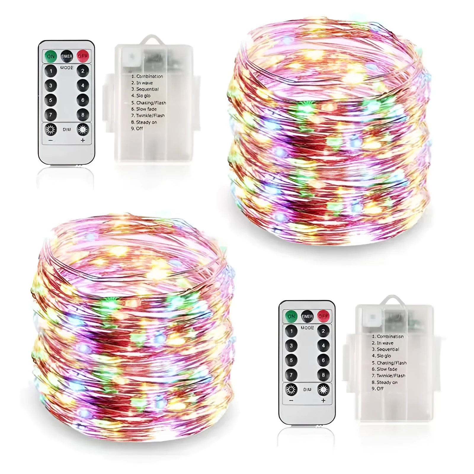 12-metre long copper wire LED string lights with 120 bulbs and a battery box, shown in a selected colour.