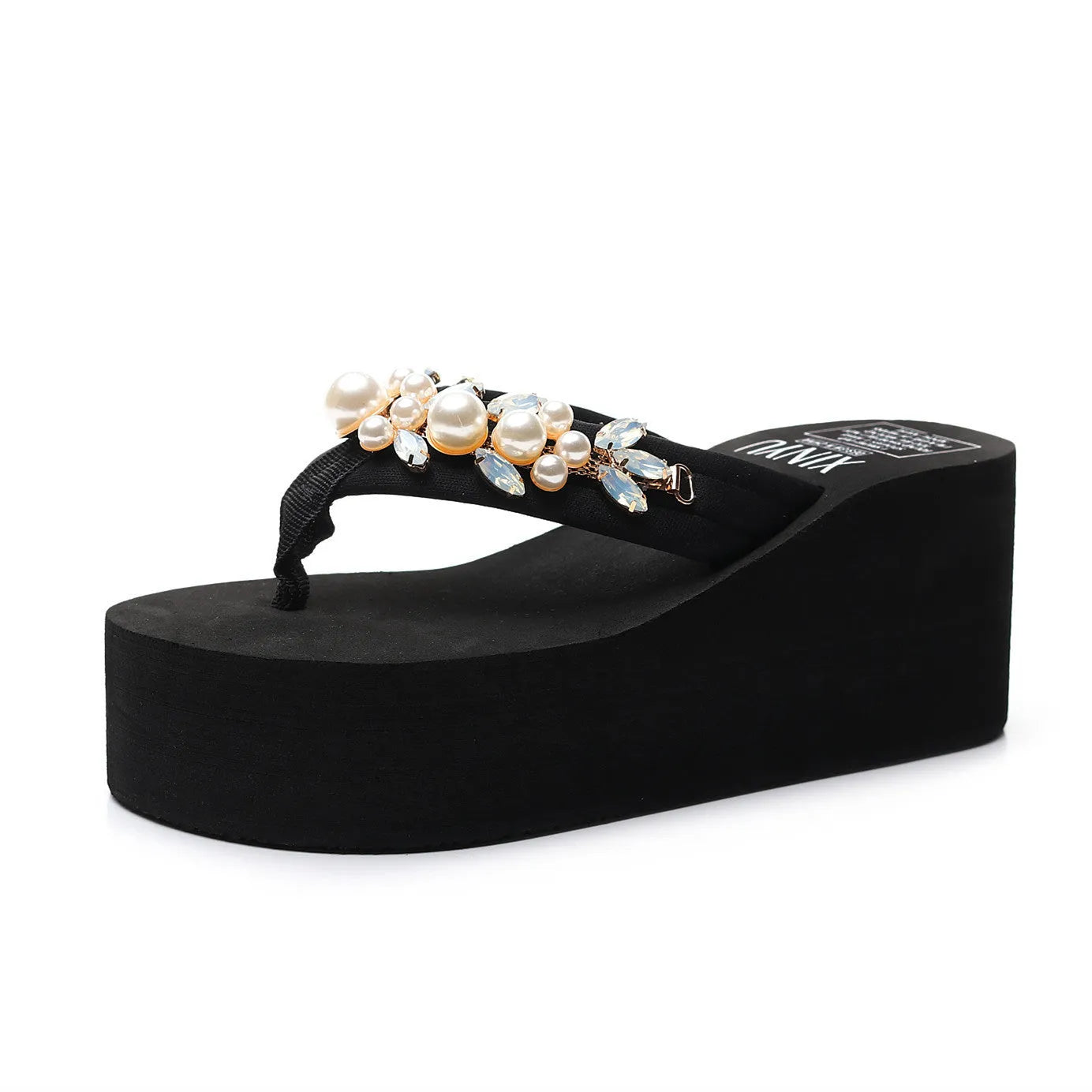 Women's high-heeled flip-flops sandals in beige with cotton cloth upper and adjustable strap.