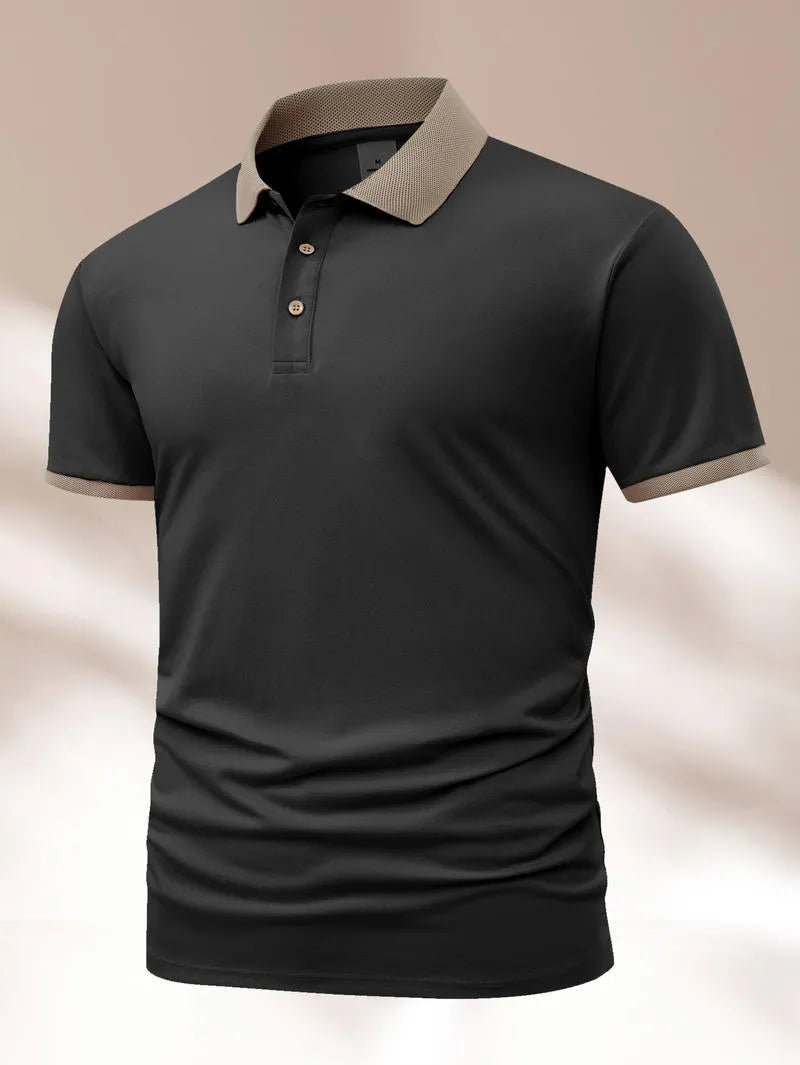 Summer polo shirt in ice silk polyester with short sleeves and printed flocking design