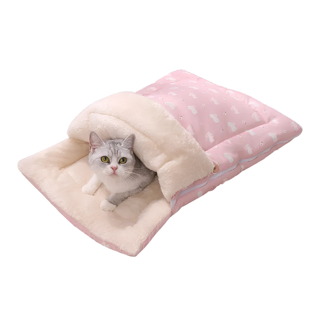 Foldable cat bed sleeping bag with detachable mat in North Pole Wool and Twill Fabric, Pink and Yellow, sizes M and S