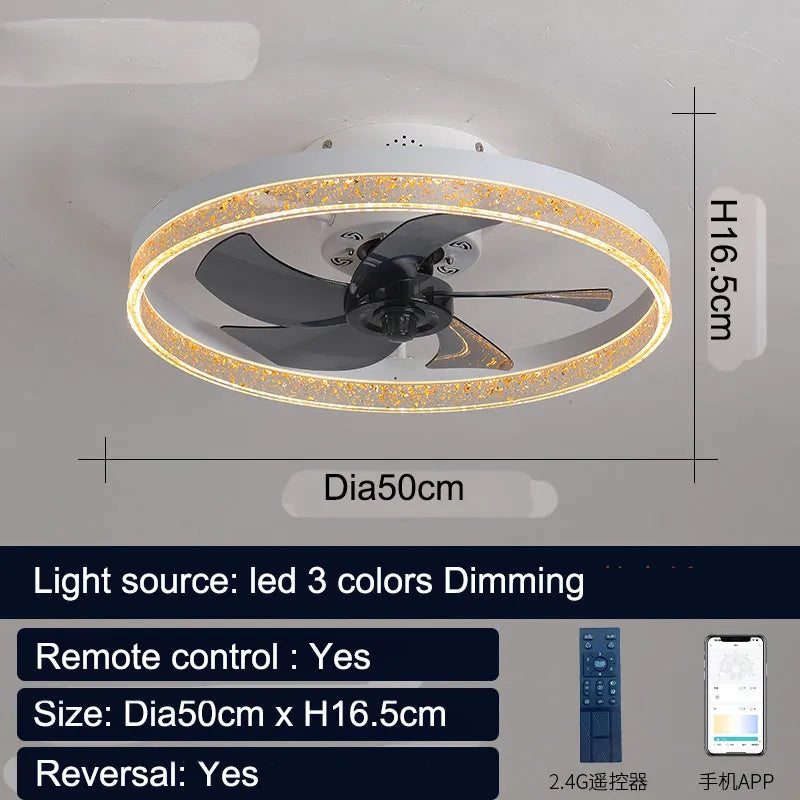 Nordic design ceiling fan light with remote control in 50cm diameter iron and acrylic construction