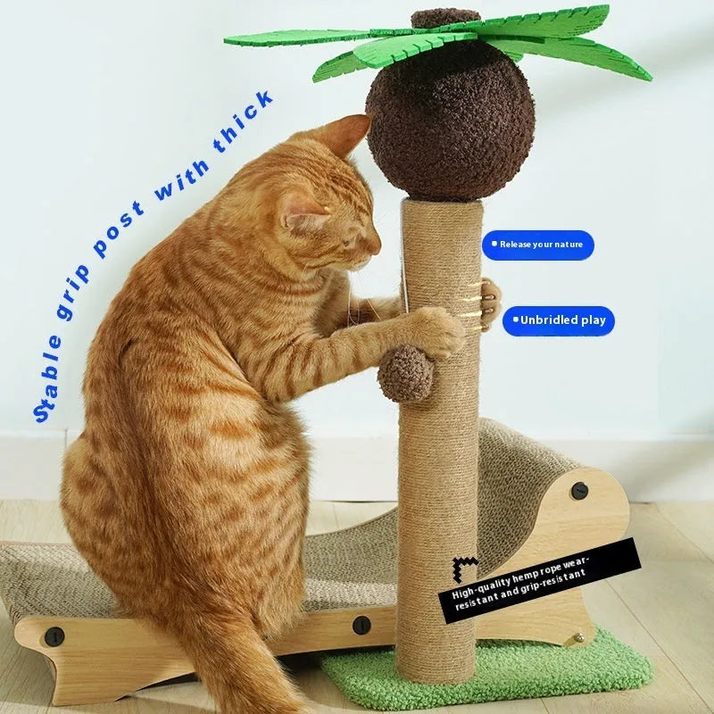 Wooden beach chair style cat climbing frame with a built-in hemp mat scratching post and raised bed.