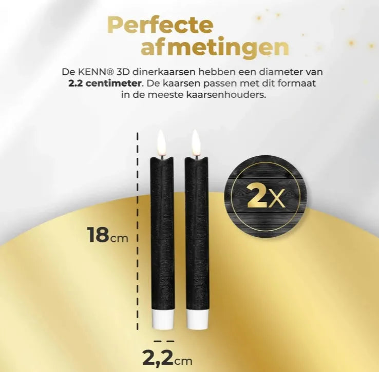 Black LED taper candle with realistic 3D flame effect, 18cm tall.