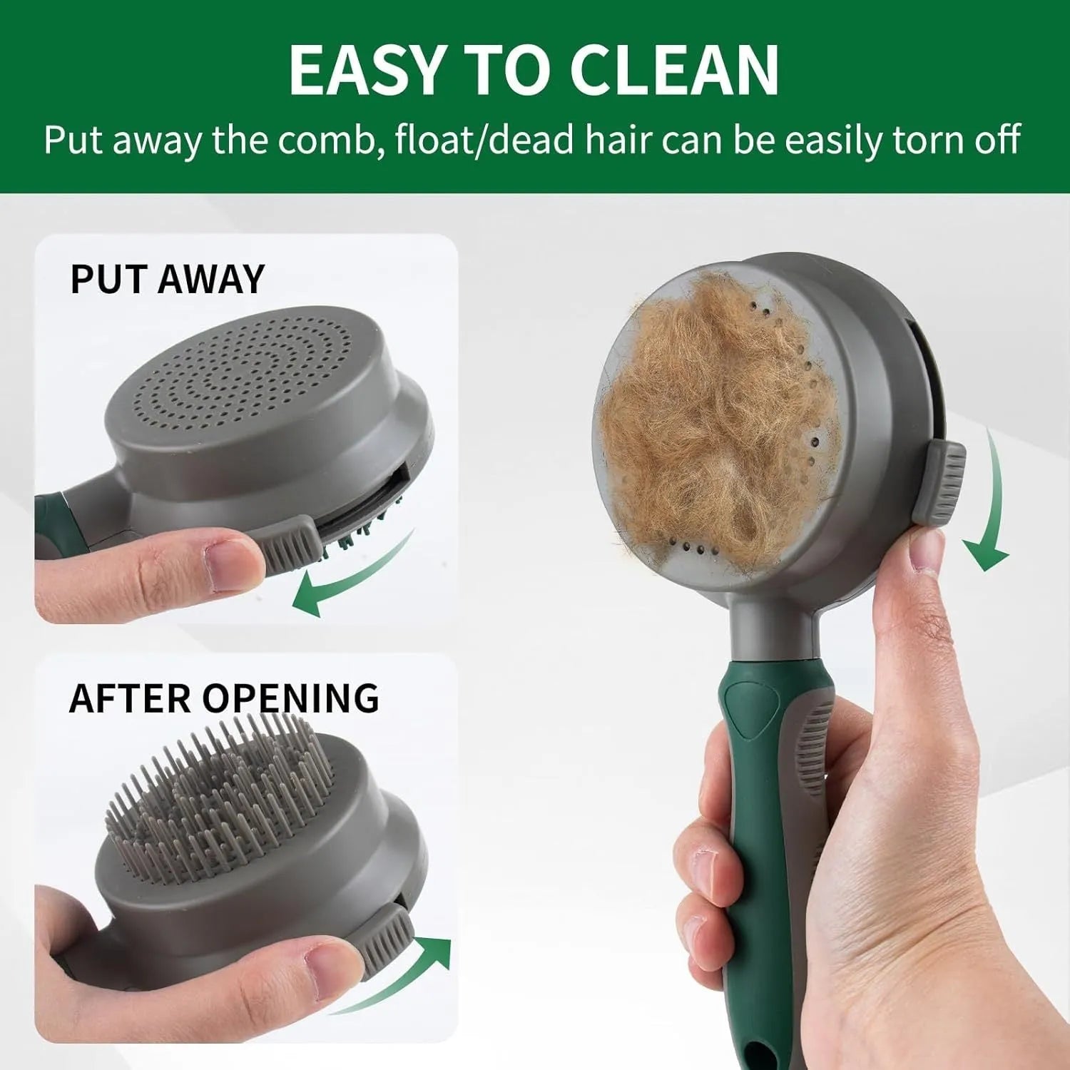 Green two-sided cat grooming brush with retractable slicker and silicone massager head