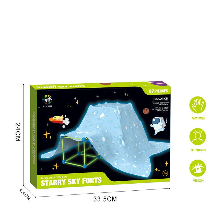 Children's luminous fort building kit with plastic rods, connector balls, and a constructed play tunnel.