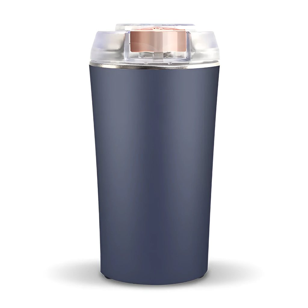 Blue mini electric flour mill grinder with stainless steel construction on a kitchen countertop
