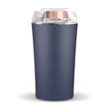Blue mini electric flour mill grinder with stainless steel construction on a kitchen countertop