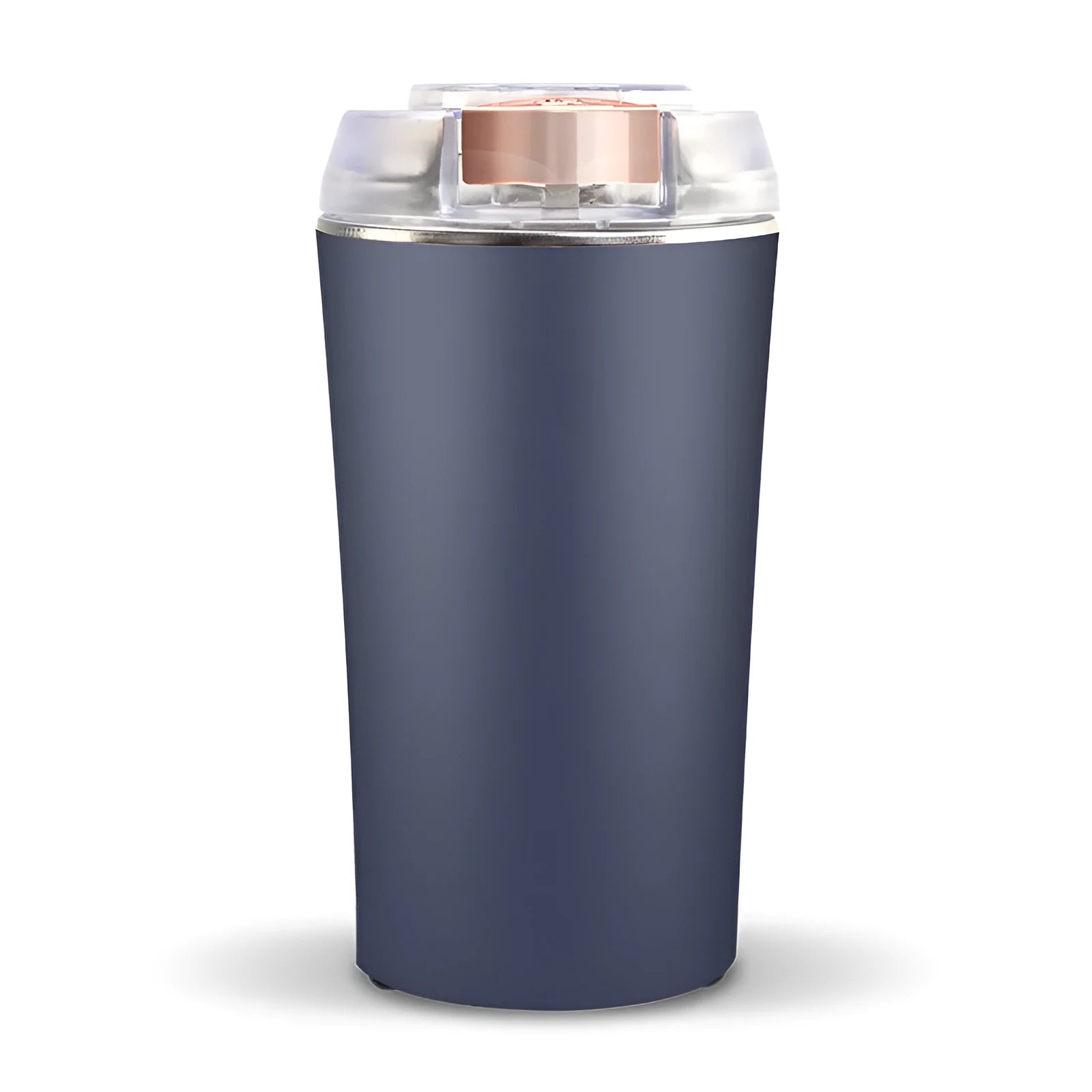 Blue mini electric flour mill grinder with stainless steel construction on a kitchen countertop