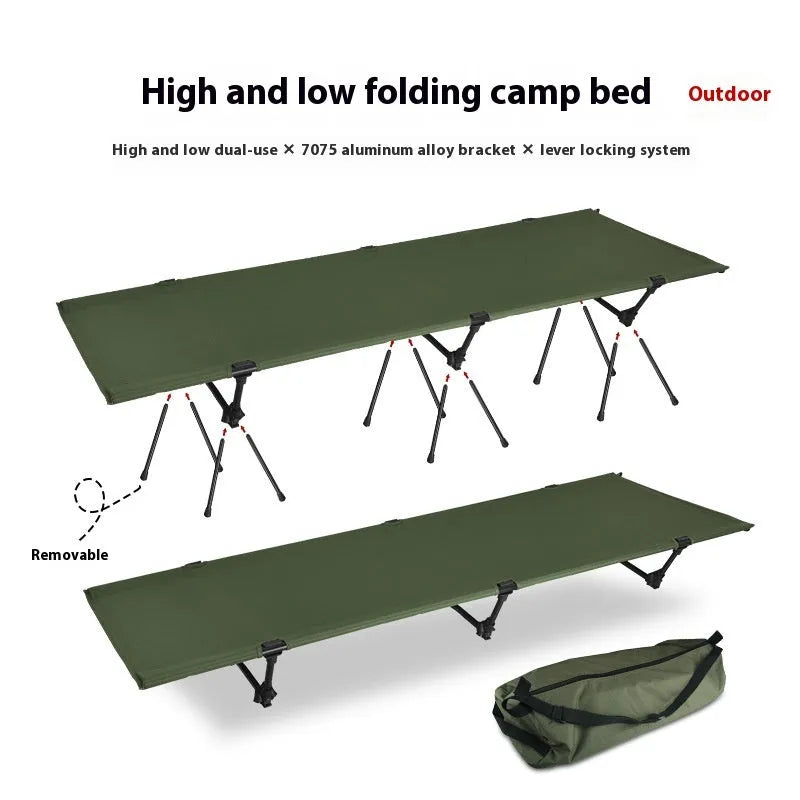 Outdoor folding bed with aluminium frame shown in khaki colour, folded with storage bag
