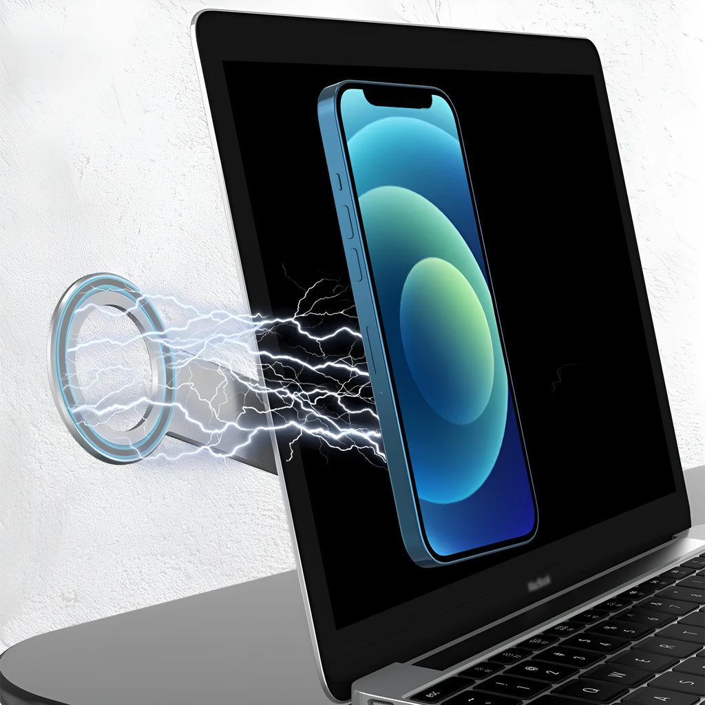 Metallic silver aluminium alloy desktop mobile phone holder with magnetic mount.