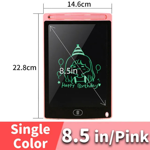 LCD drawing tablet with plastic stylus on colour screen showing child's drawing