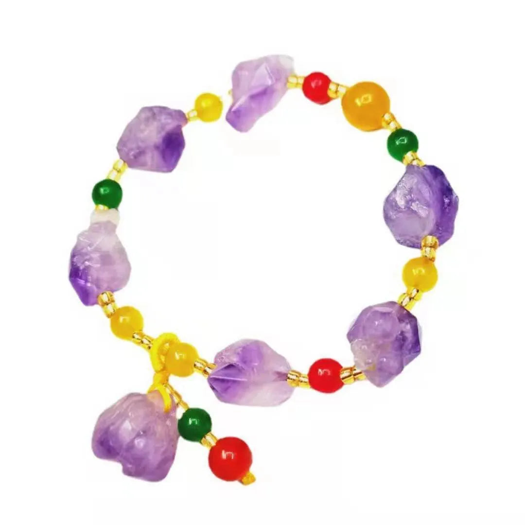 Women's natural amethyst bracelet featuring a Fu character bead and amethyst-shaped beads.