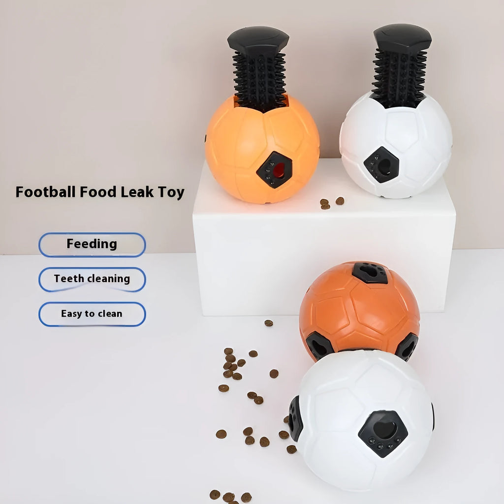 Orange and white TPR rubber dog toy ball showing hollow and teeth cleaning stick variations