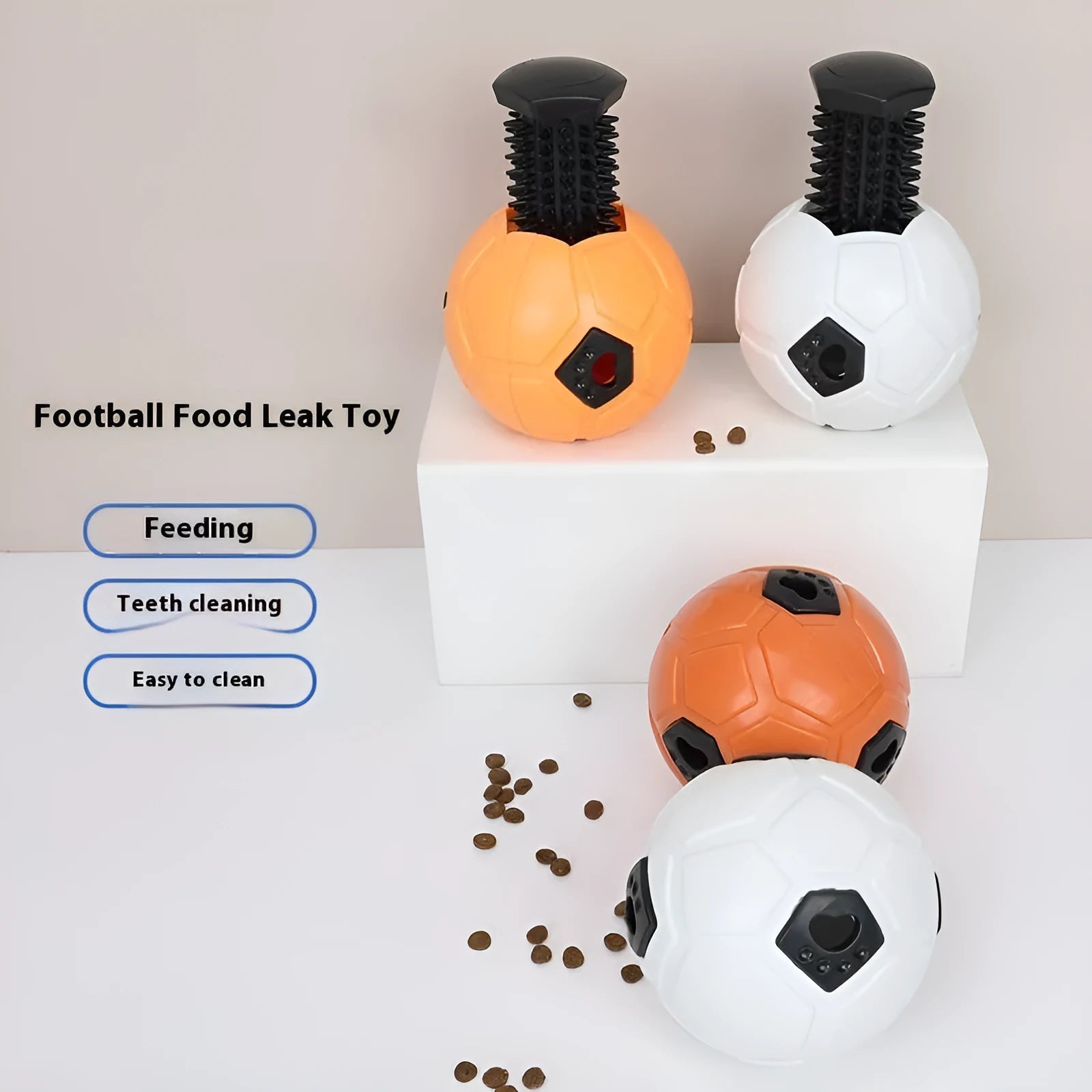 Orange and white TPR rubber dog toy ball showing hollow and teeth cleaning stick variations