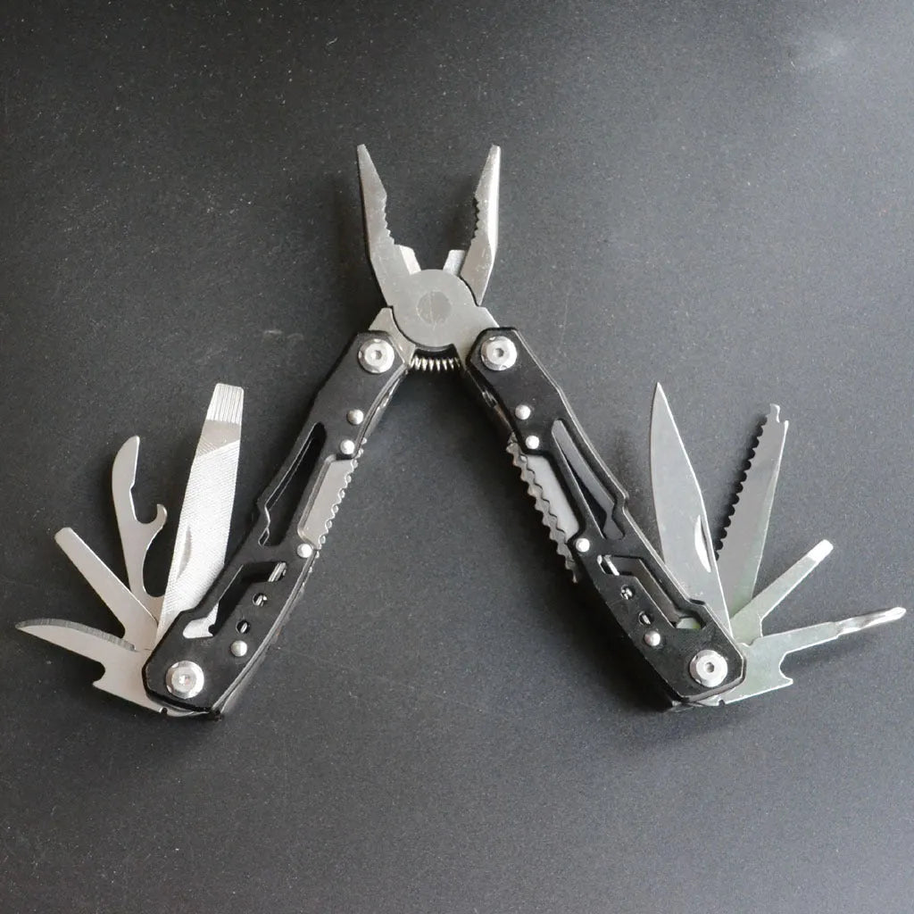 All steel 14-in-1 folding multi-function pliers with locking blade, 10cm folded length, black colour