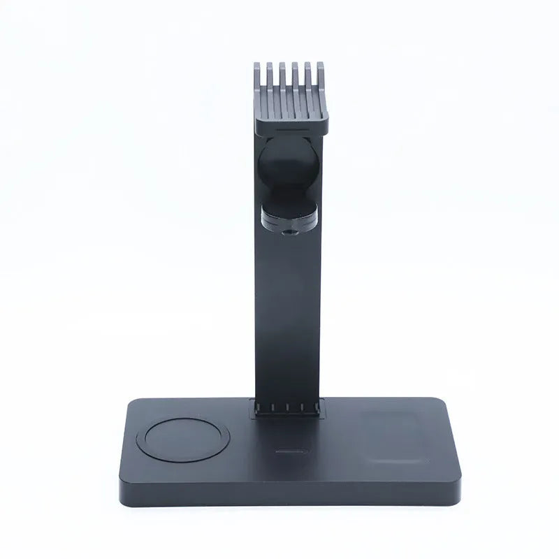 Black wireless charging station bracket for mobile phone, smartwatch, and headset.