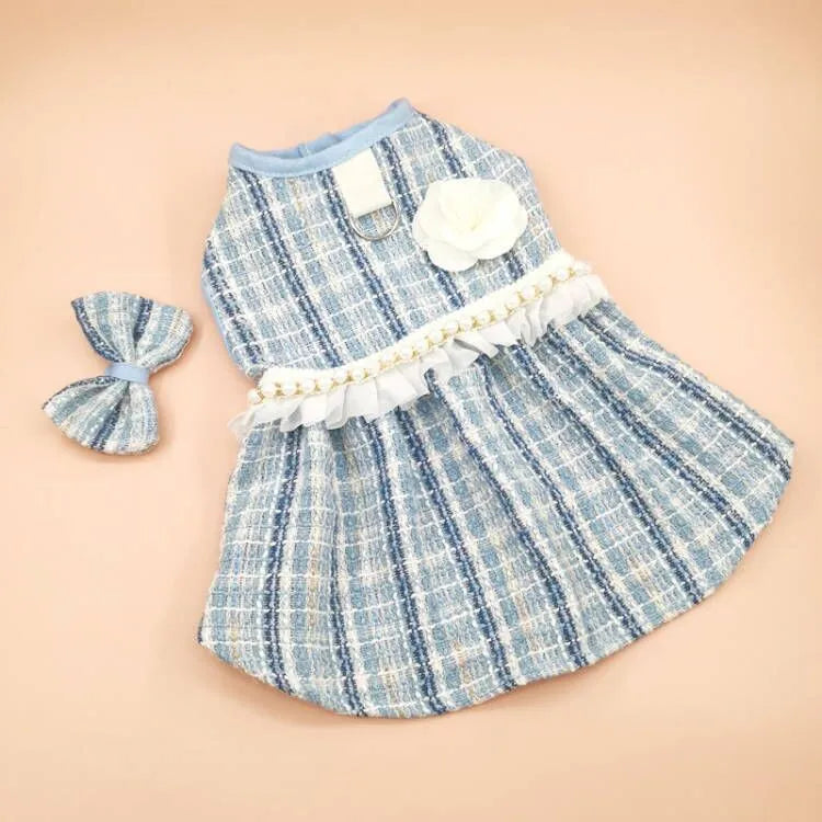 Blue pet skirt with matching headdress and necklace set on a cat, polyester fabric, classic style