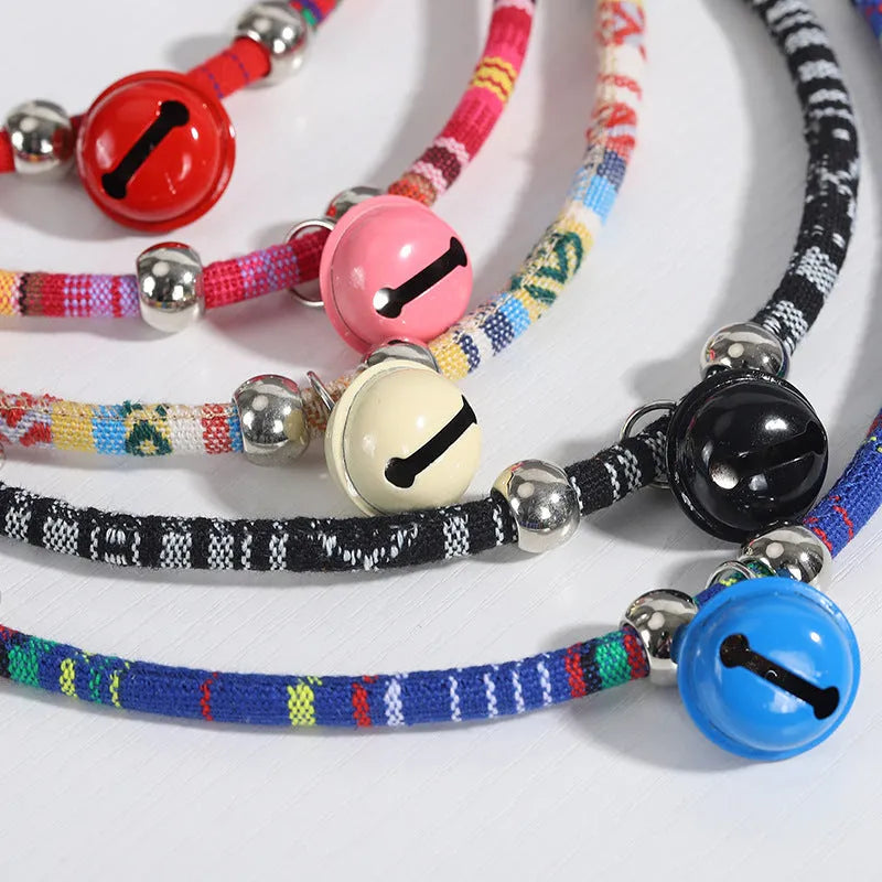 Coloured ethnic floral pattern pet collar with a bell and plastic buckle for dogs and cats.
