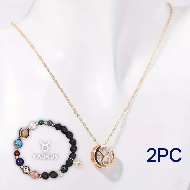 Natural stone beaded necklace and matching bracelet set on a table, showing bead texture.