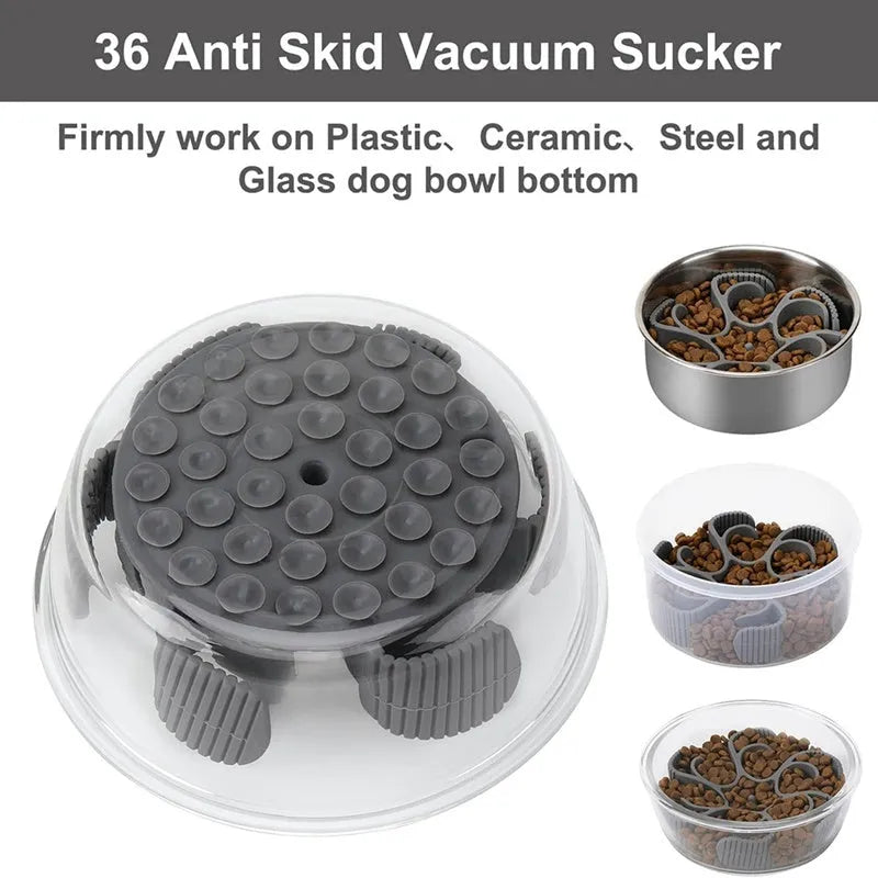 Red silicone dog slow feeder insert with spiral design and suction cups on base.