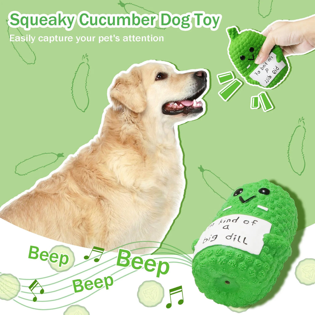 Green pickle-shaped squeaky dog chew toy with textured nubs on a white background.