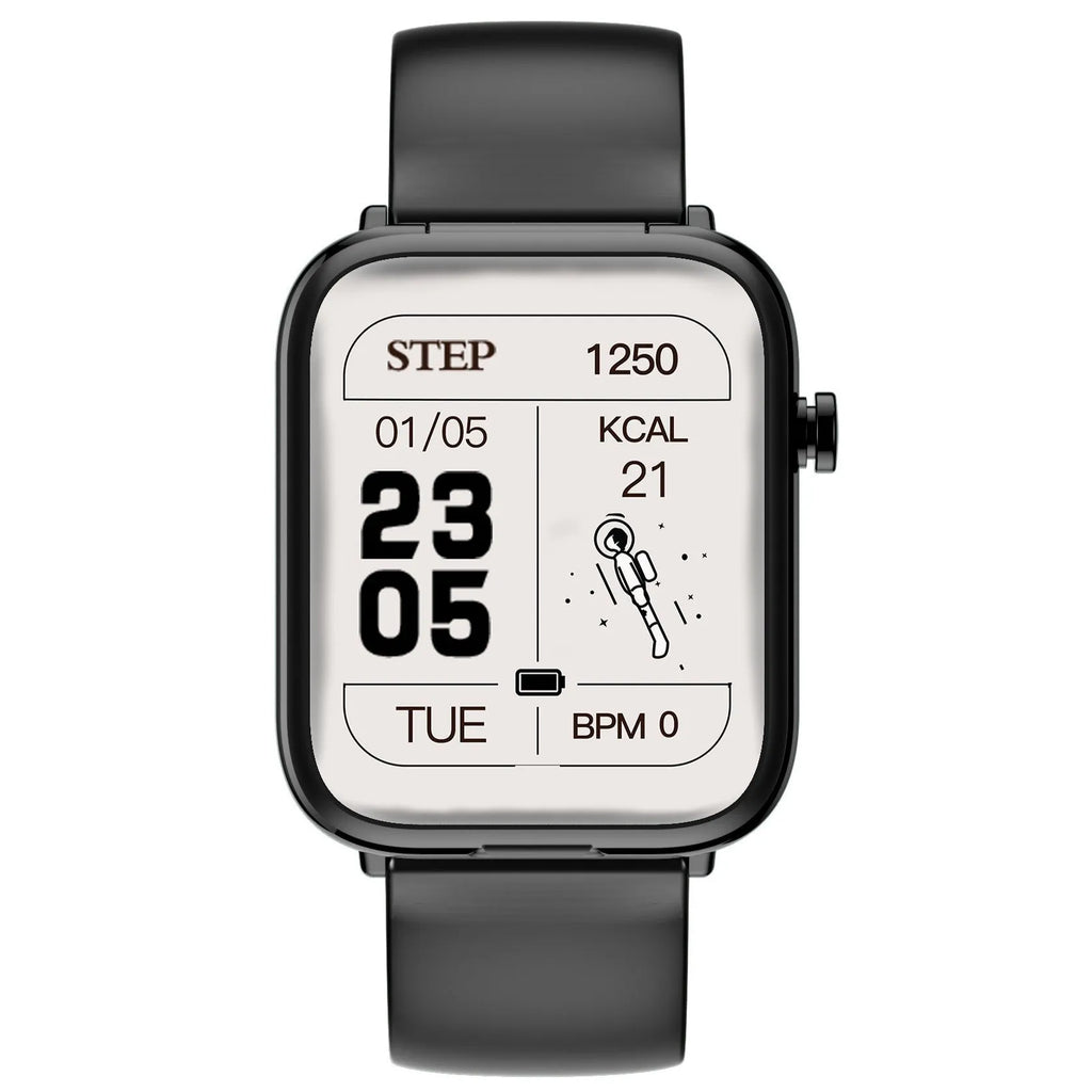 Black all-touch smartwatch with 1.69-inch screen and integrated Bluetooth earbuds on a wrist.