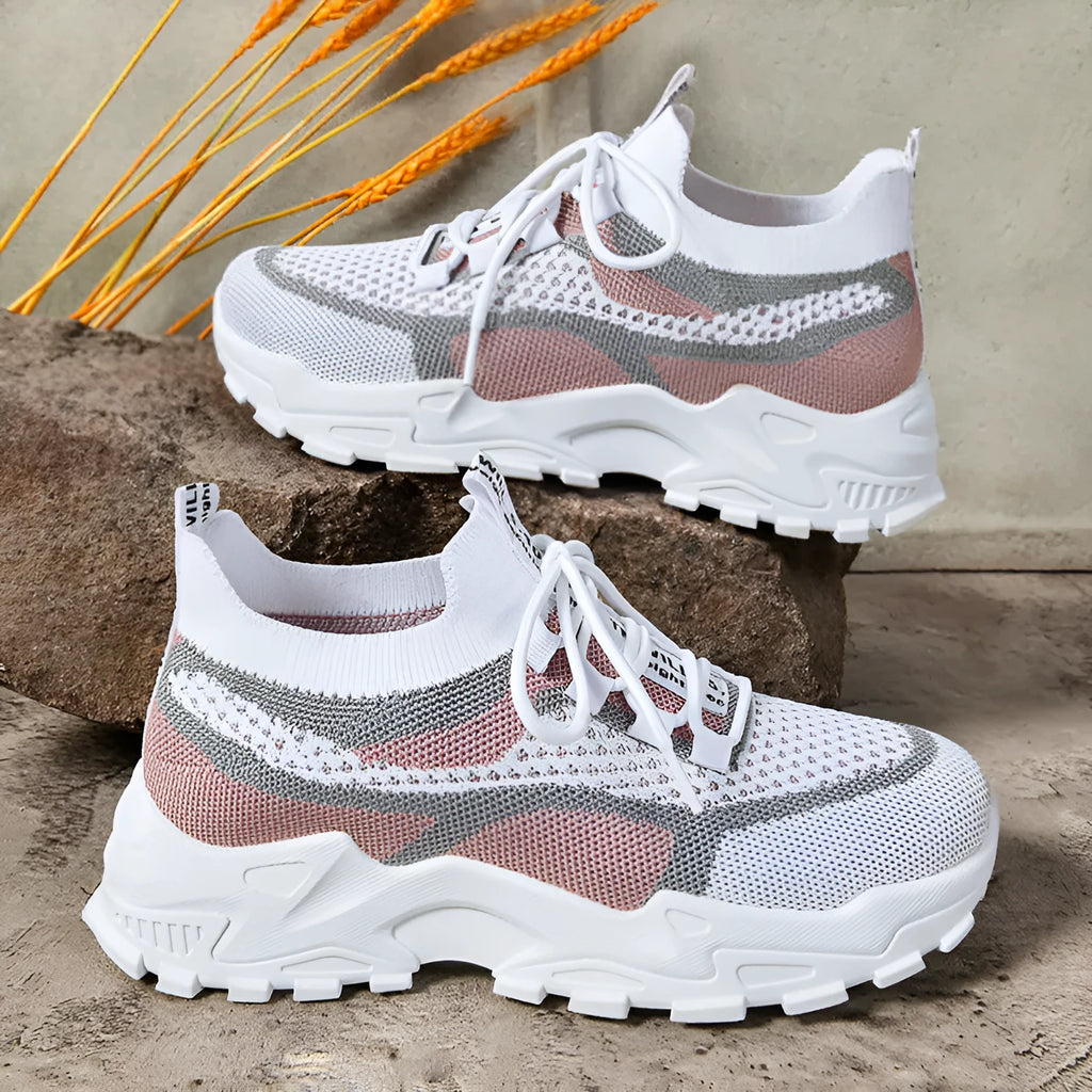 Flying Woven mesh dad shoes women's breathable lightweight soft sole casual sneakers flat heel front lace-up round toe