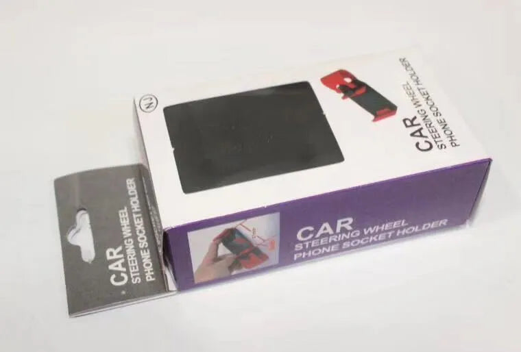 Black car steering wheel mobile phone holder made of ABS plastic, showing its 75mm width