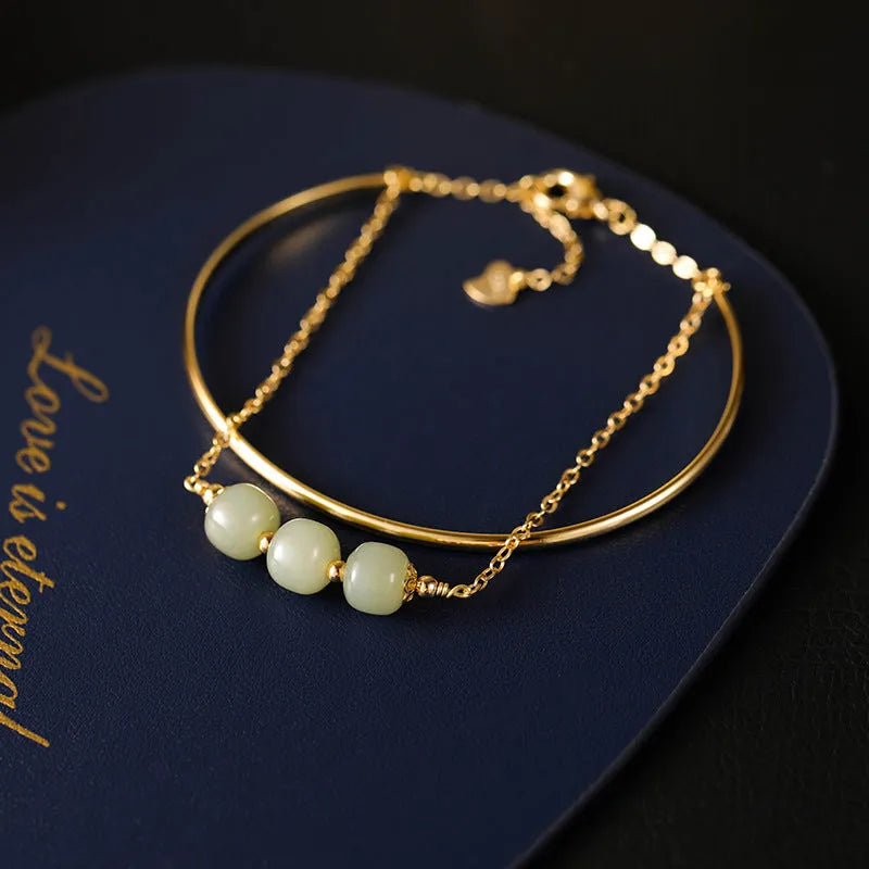 Hetian jade lucky beads bracelet with gold inlay in single, double, and triple bead versions