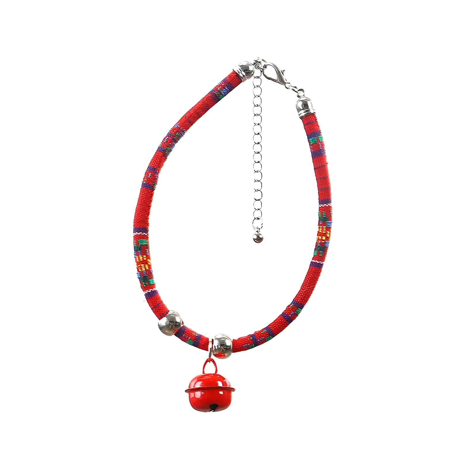 Coloured ethnic floral pattern pet collar with a bell and plastic buckle for dogs and cats.